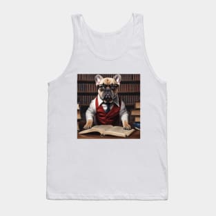 Chic French Bulldog: Hyperreal Red-Suit in Whimsical Library Tank Top